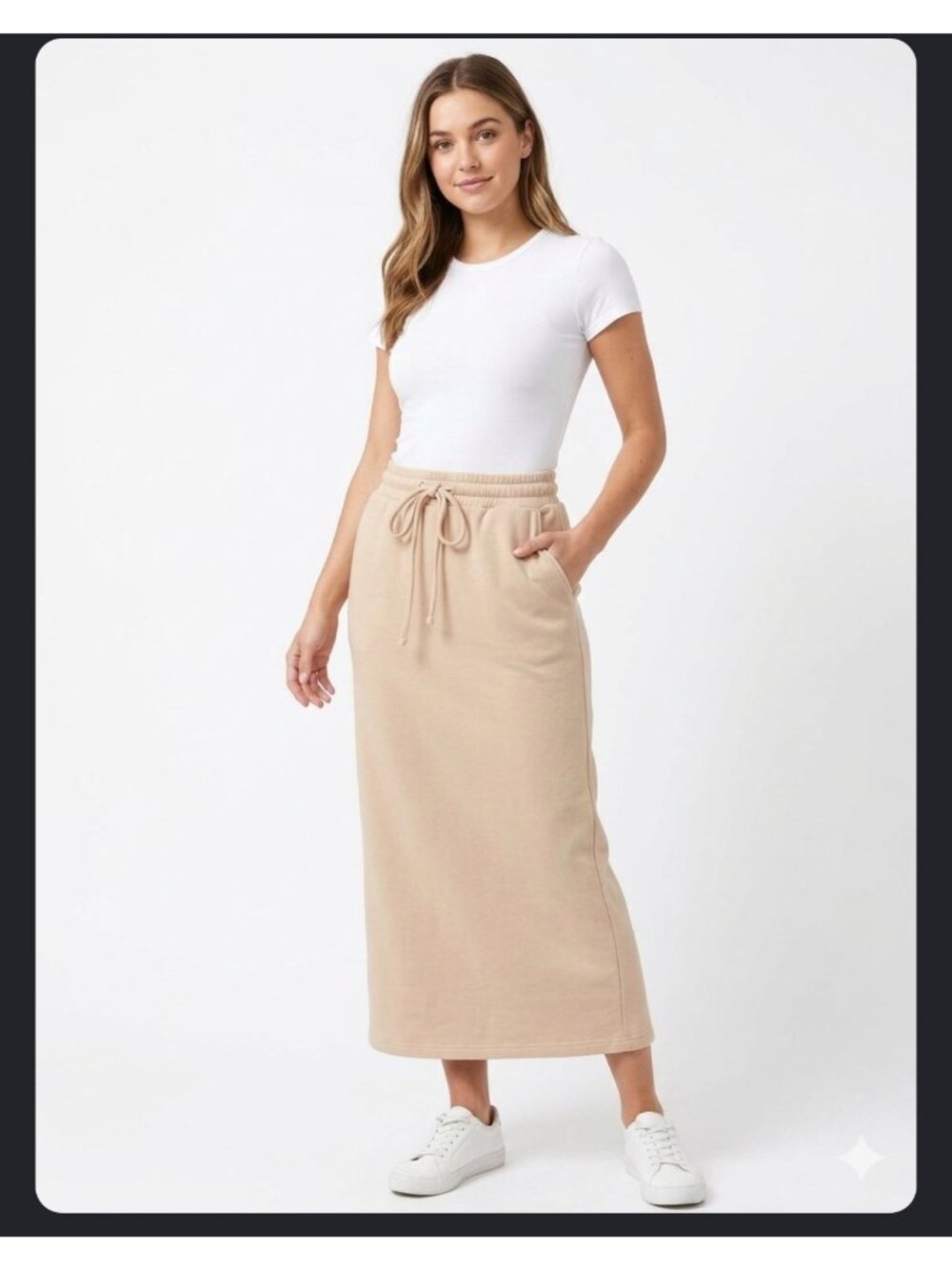 The Drop sweatshirt-style midi/maxi skirt featuring an elastic waistband side L